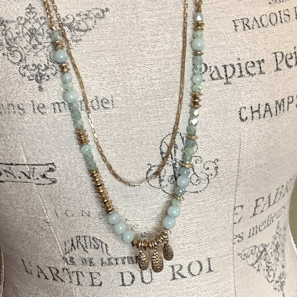 Long double strand gold plated gemstone necklace
